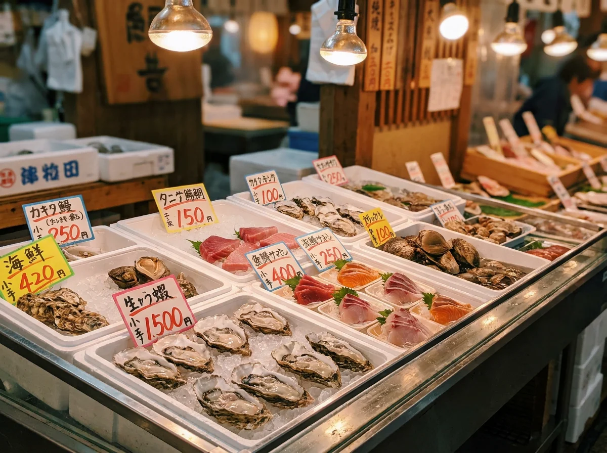 氷を敷いたケースに並ぶ色鮮やかな新鮮魚介の近景