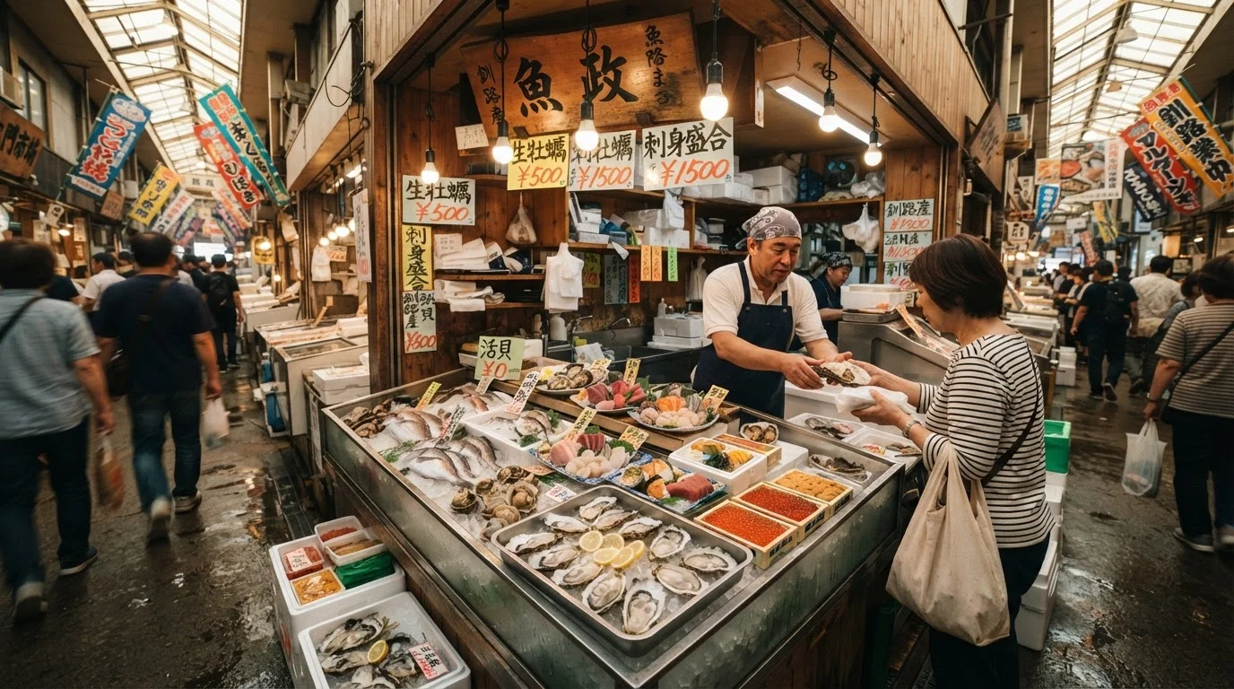 釧路和商市場の通路から見える鮮魚店の並びと明るい市場内
