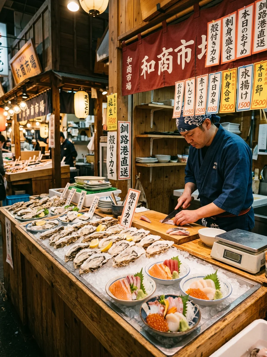 釧路和商市場の鮮魚売場で、まな板の前に立ち刺身用の魚を手に取るスタッフ