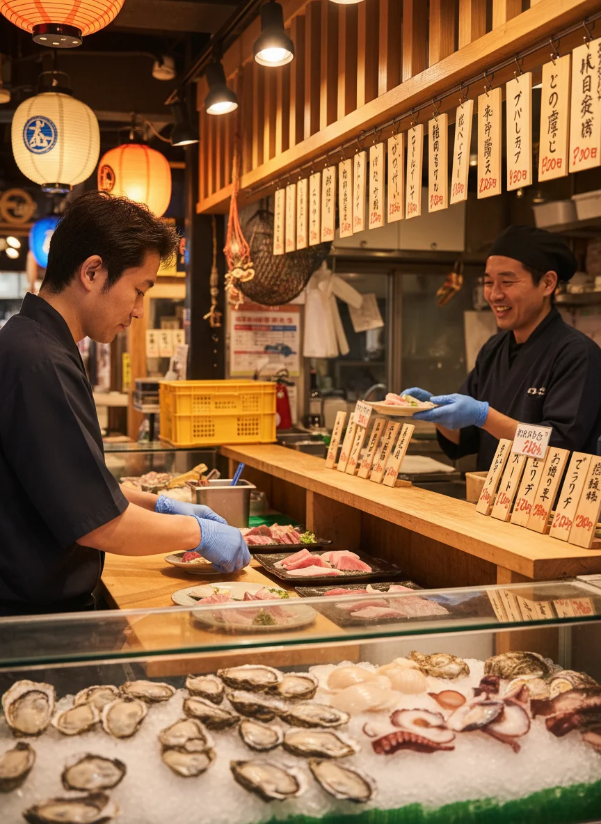 釧路和商市場の鮮魚売場で、海鮮丼の具材を小鉢に盛り付けるスタッフ