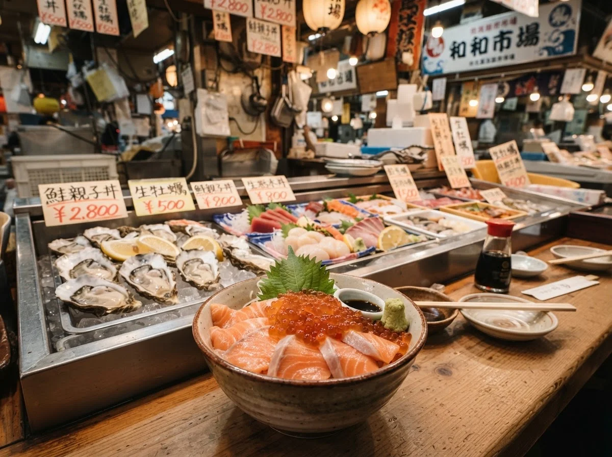 つやのあるいくらと鮭の切り身をのせた海鮮丼の接写