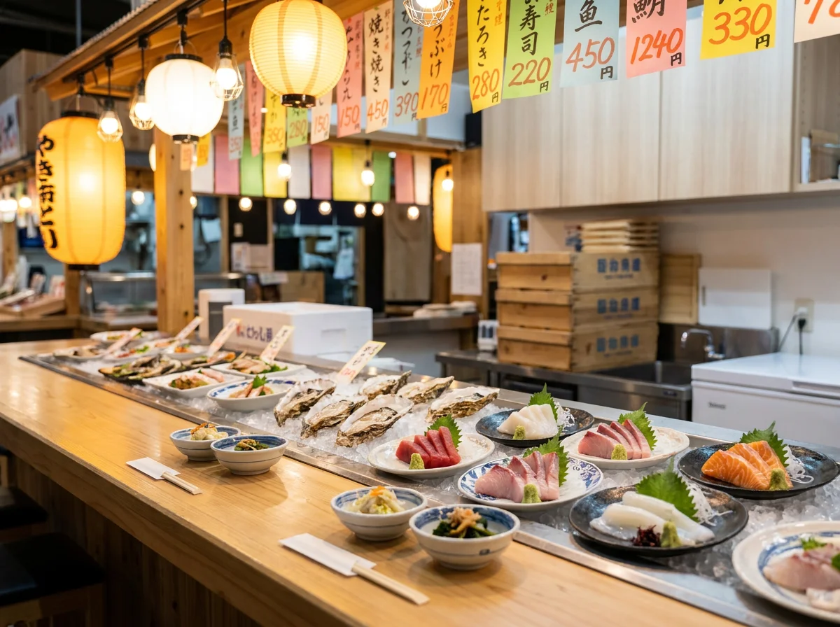 氷の上に並んだカニとホタテと鮮魚の市場の売り場